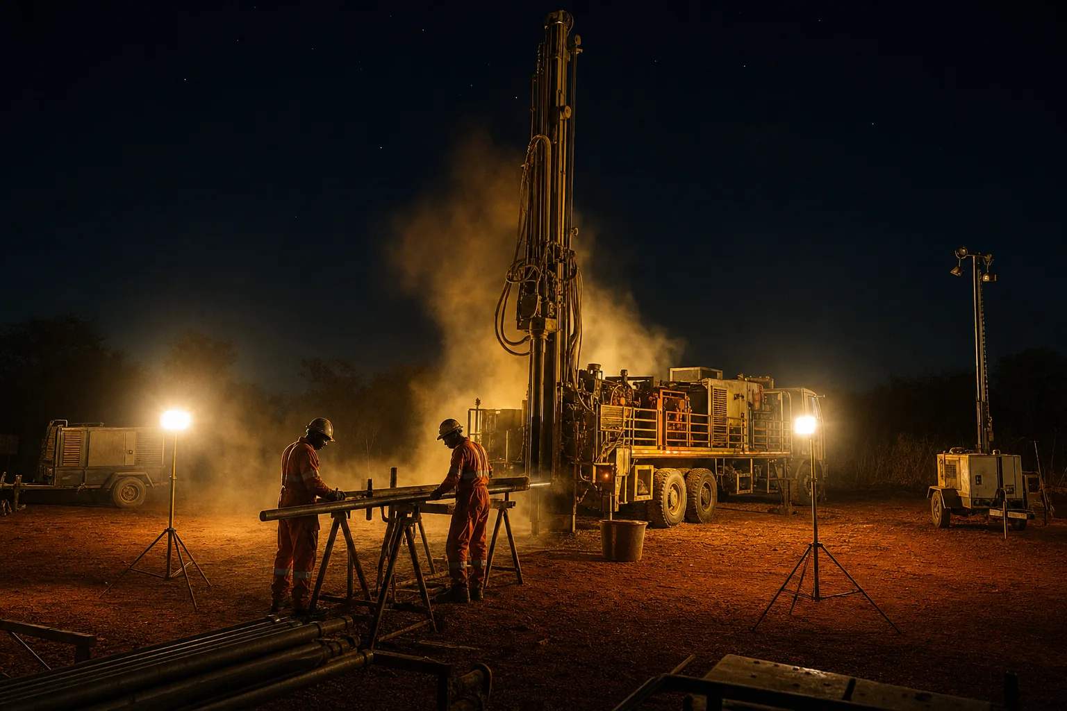 Atelier de forage éclairé par projecteurs pendant le poste de nuit
